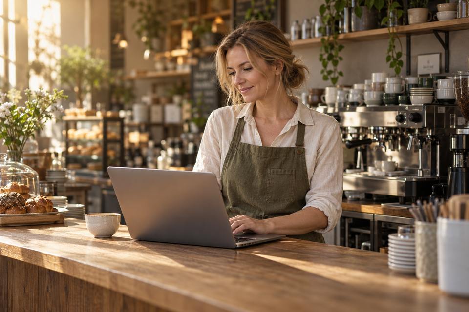 A café owner using a laptop at a sunlit wooden counter.