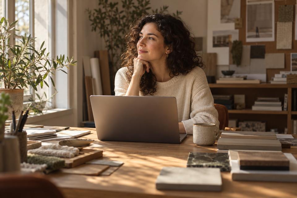 A business owner at a laptop in a small sunlit design office.