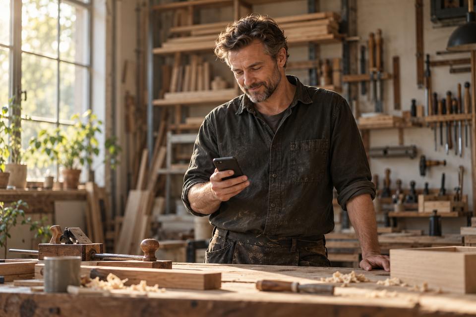 A furniture maker checking his phone at a workshop bench.